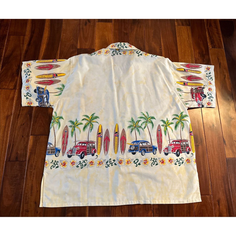 Men’s Hawaiian Shirt Caribbean Surfboards Cars Floral Flowers L / XL Button Up - Picture 2 of 13